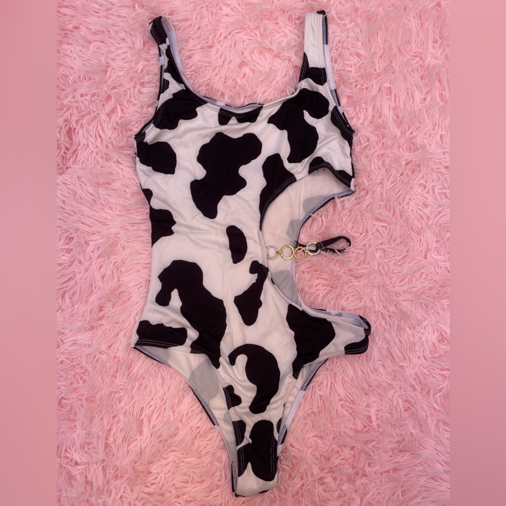 Cow Print Bodysuit with Keyhole Cutout & Body-chain | Medium (labeled small)